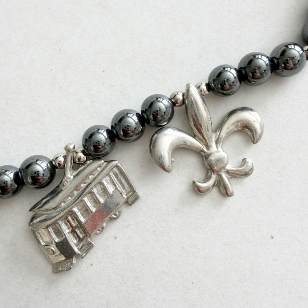 Maurice Milleur Charm Necklace Gumbo Necklace Hematite Pewter Beads Silver LSU - Picture 7 of 11